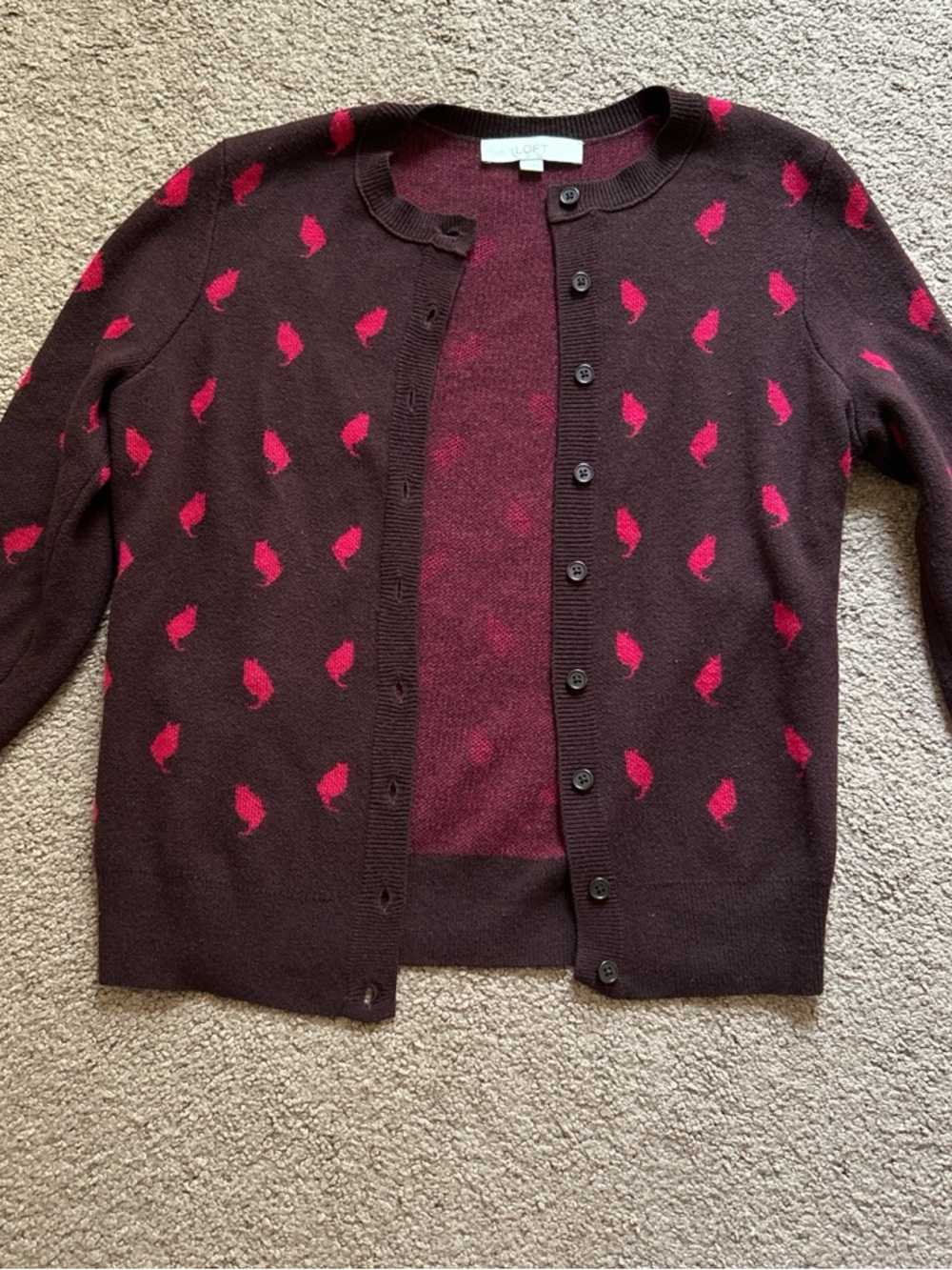 LOFT Burgundy Cardigan with Pink cat Motif